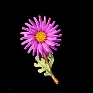 Vintage Fuchsia Pink Purple Flower Ceramic Leaf Enamel Brooch Pin